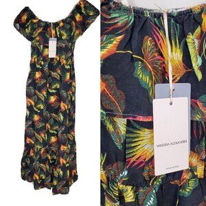 NWT Vanessa Alexandra Linen Off the Shoulder Tiered Midi Dress Tropical Print XS